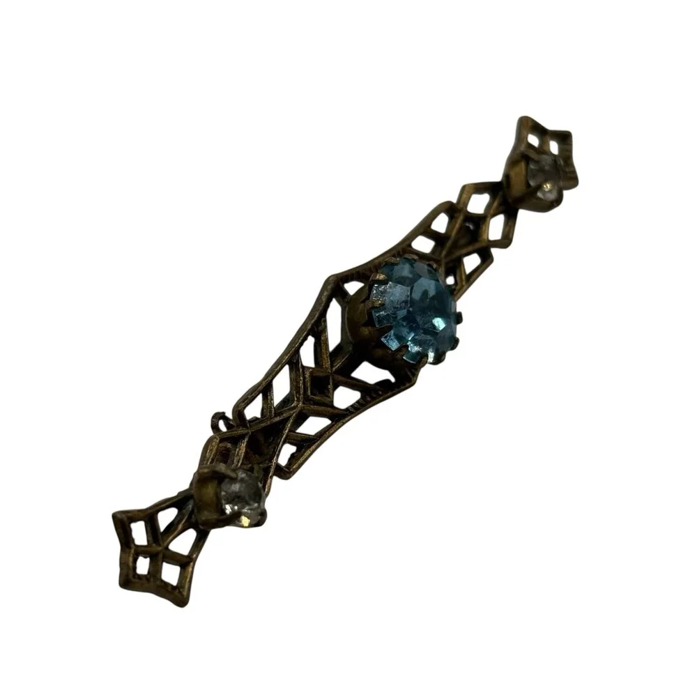 Vintage Bar Brooch Blue Rhinestones Filigree Open Work Ornate Gold Tone Art Deco